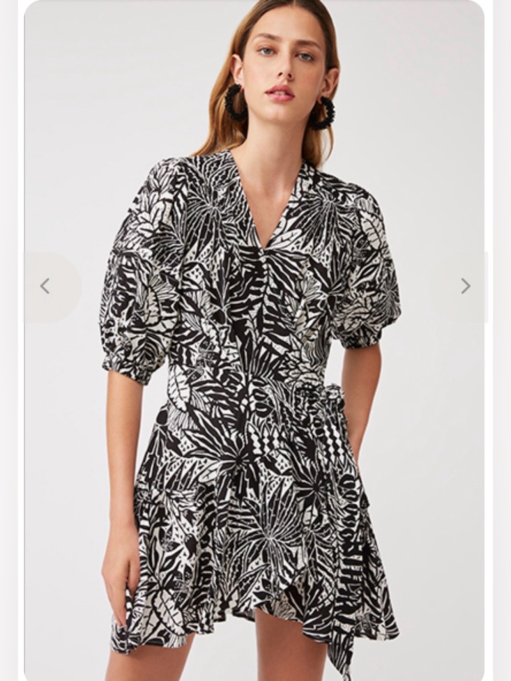 Suncoo Paris Cosima Wrap Dress XS Black White Tropical Print Linen French Chic